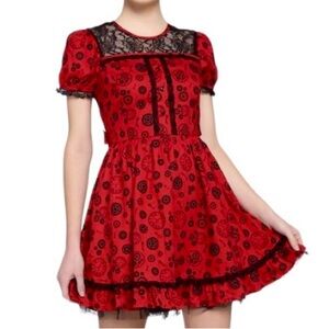 NWT Hot Topic Steampunk Lolita Ruffle & Lace, Red & Black Babydoll Party Dress